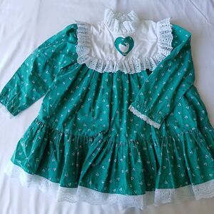 Fayette Vintage Child Girl Dress Green Floral Hearts Lace Bib Size 5 80s